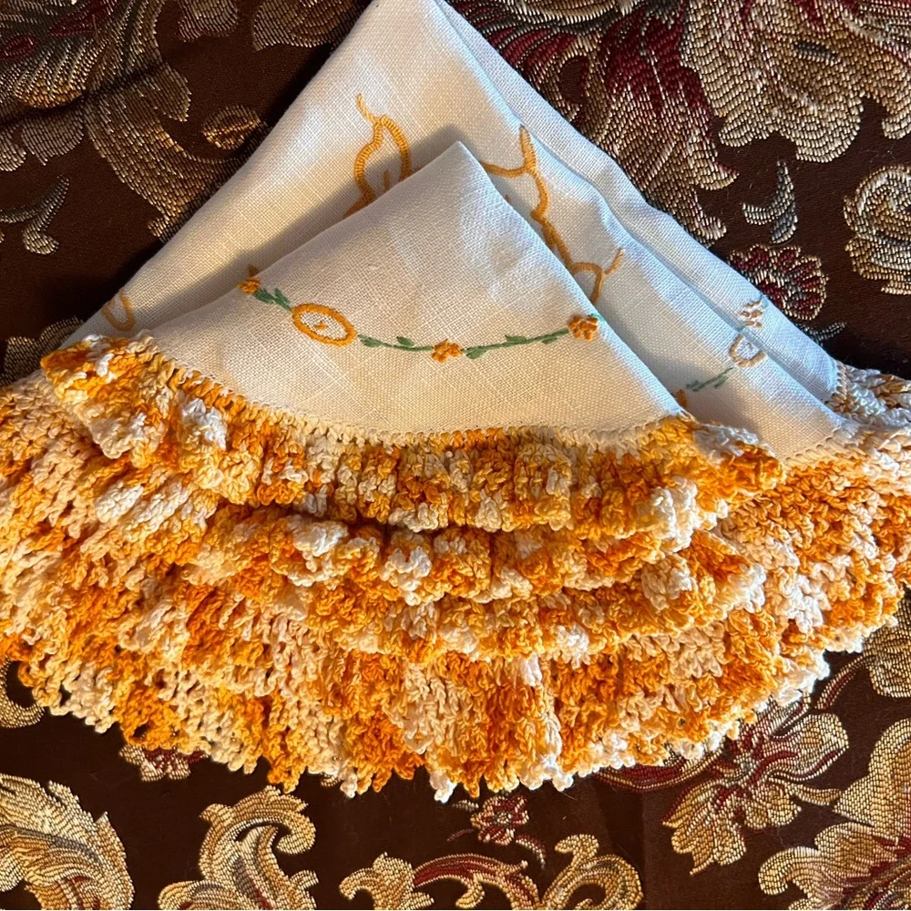 Vintage‎ Orange & White Crochet Circle Doilies 2PC Set